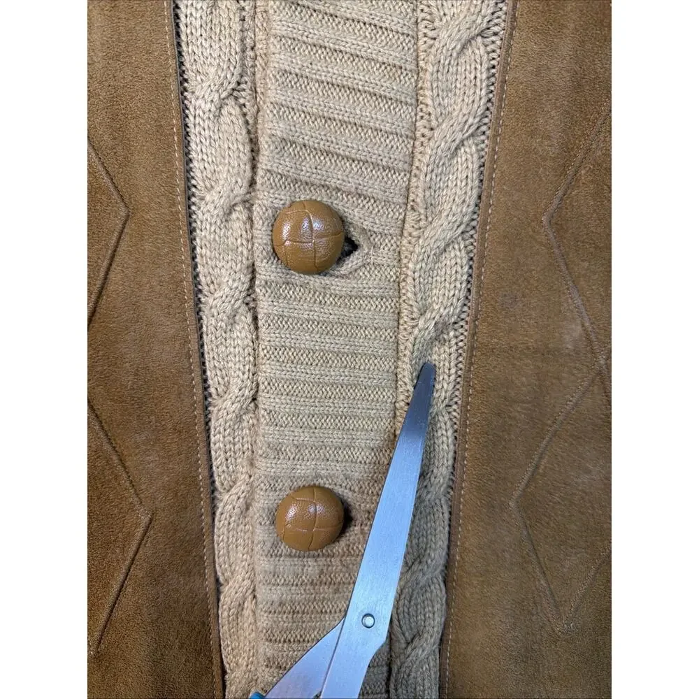 Vtg Troy Hill Cardigan Men's L Tan Grandpa Leather‎ Western Sweater Shawl USA